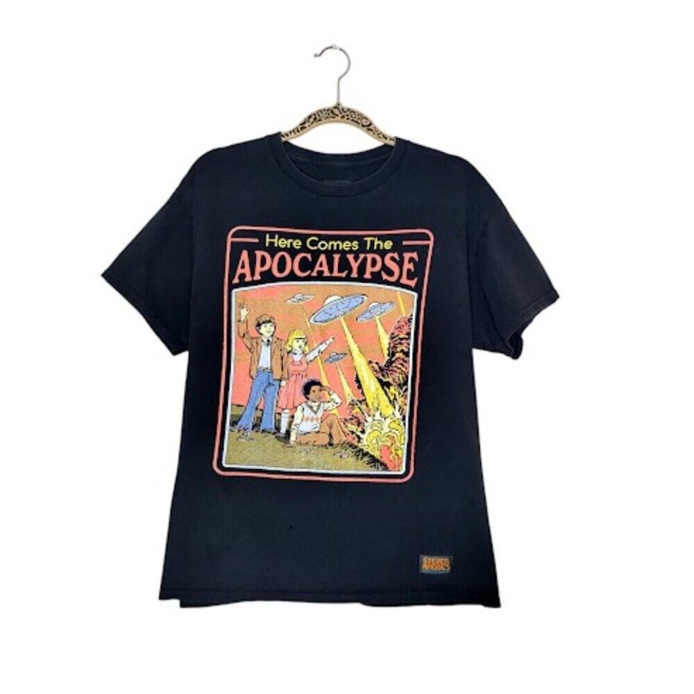STEVEN RHODES | Black Graphic Tee Retro Sci Fi Apocalypse T-Shirt L